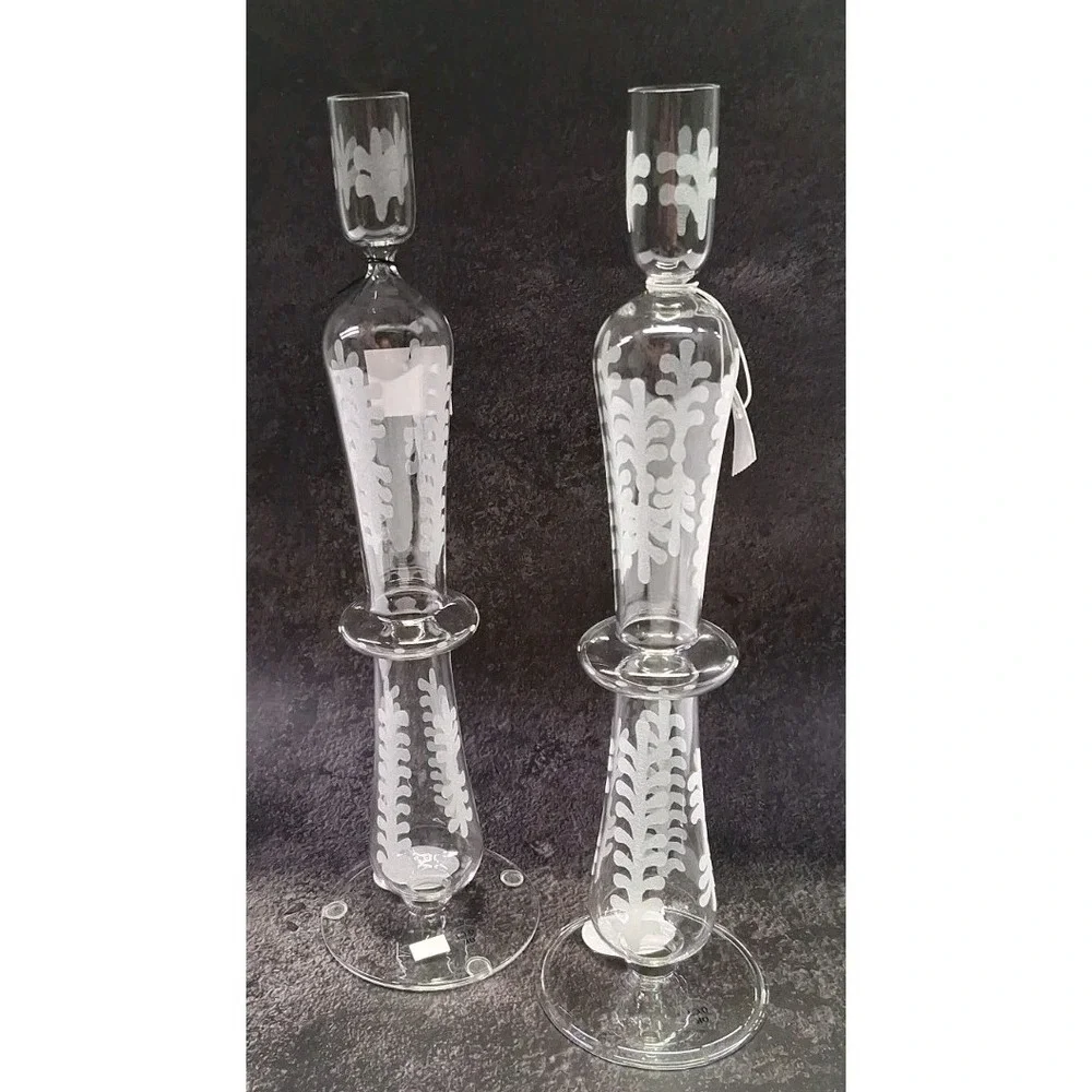 Pottery Barn Set of (2) Etched Glass Taper Candle Holders 13 Inches Tall NWT